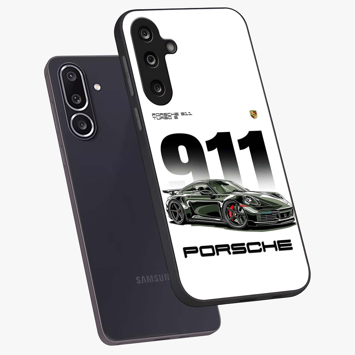 911 Turbo Dominance Glass Case displayed in premium angled mockup highlighting sporty car illustration and sleek glass surface.