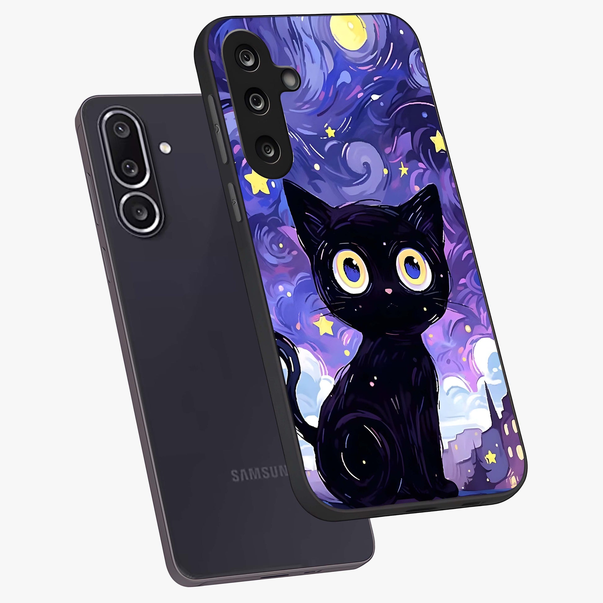 Abstract Cat Art Glass Case displayed in angled mockup highlighting modern abstract cat artwork and sleek glass surface.
