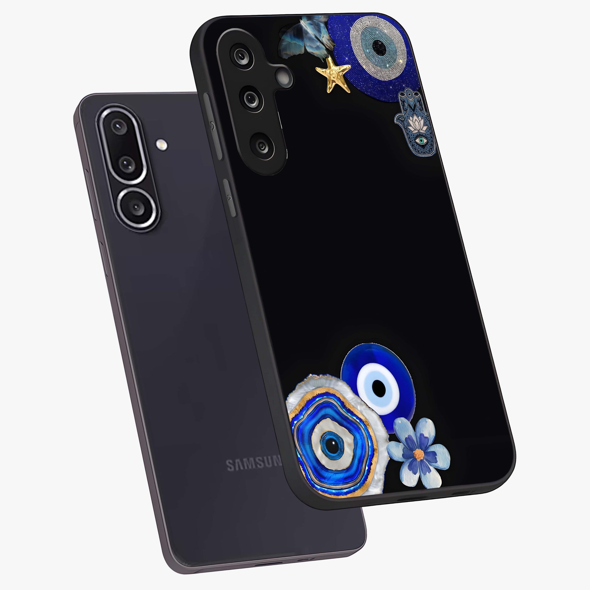 Aesthetic Blue Evil Eye Glass Case displayed in angled mockup highlighting blue evil eye symbol and spiritual aesthetic design.