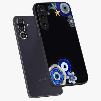 Aesthetic Blue Evil Eye Glass Case displayed in angled mockup highlighting blue evil eye symbol and spiritual aesthetic design.