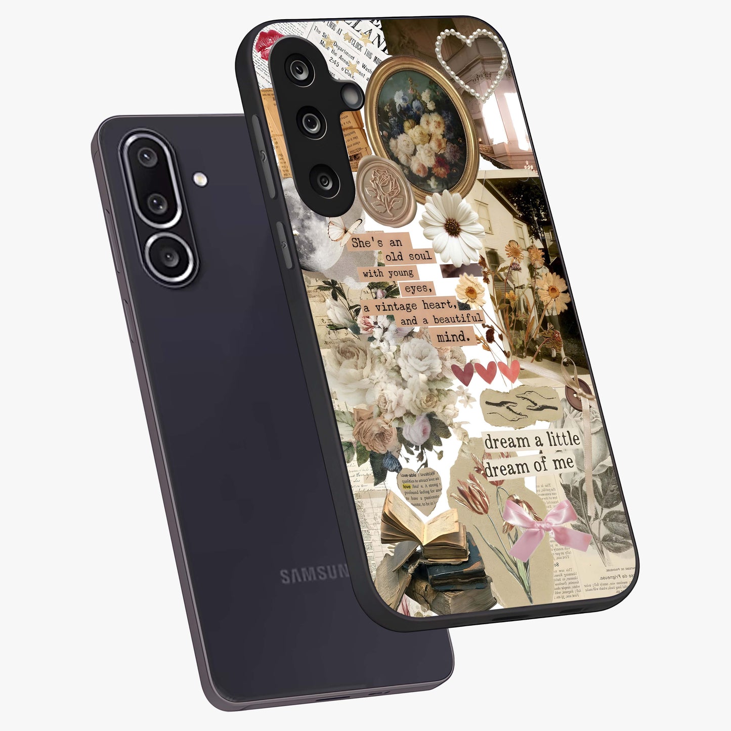 Aesthetic Brown Vintage Collage Glass Case displayed in angled mockup highlighting vintage aesthetic collage design.