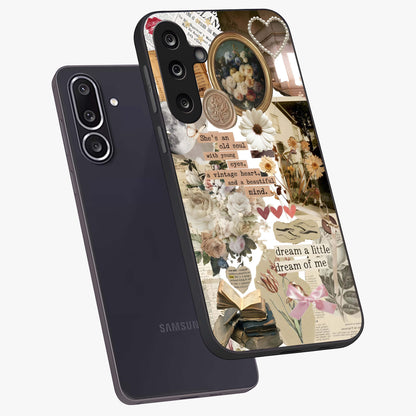 Aesthetic Brown Vintage Collage Glass Case displayed in angled mockup highlighting vintage aesthetic collage design.