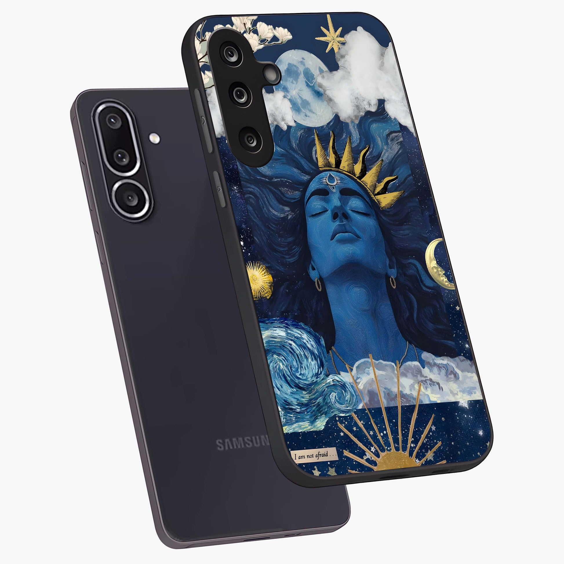 Aesthetic Lord Shiva Glass Case displayed in angled mockup highlighting spiritual Shiva illustration and sacred aesthetic design.