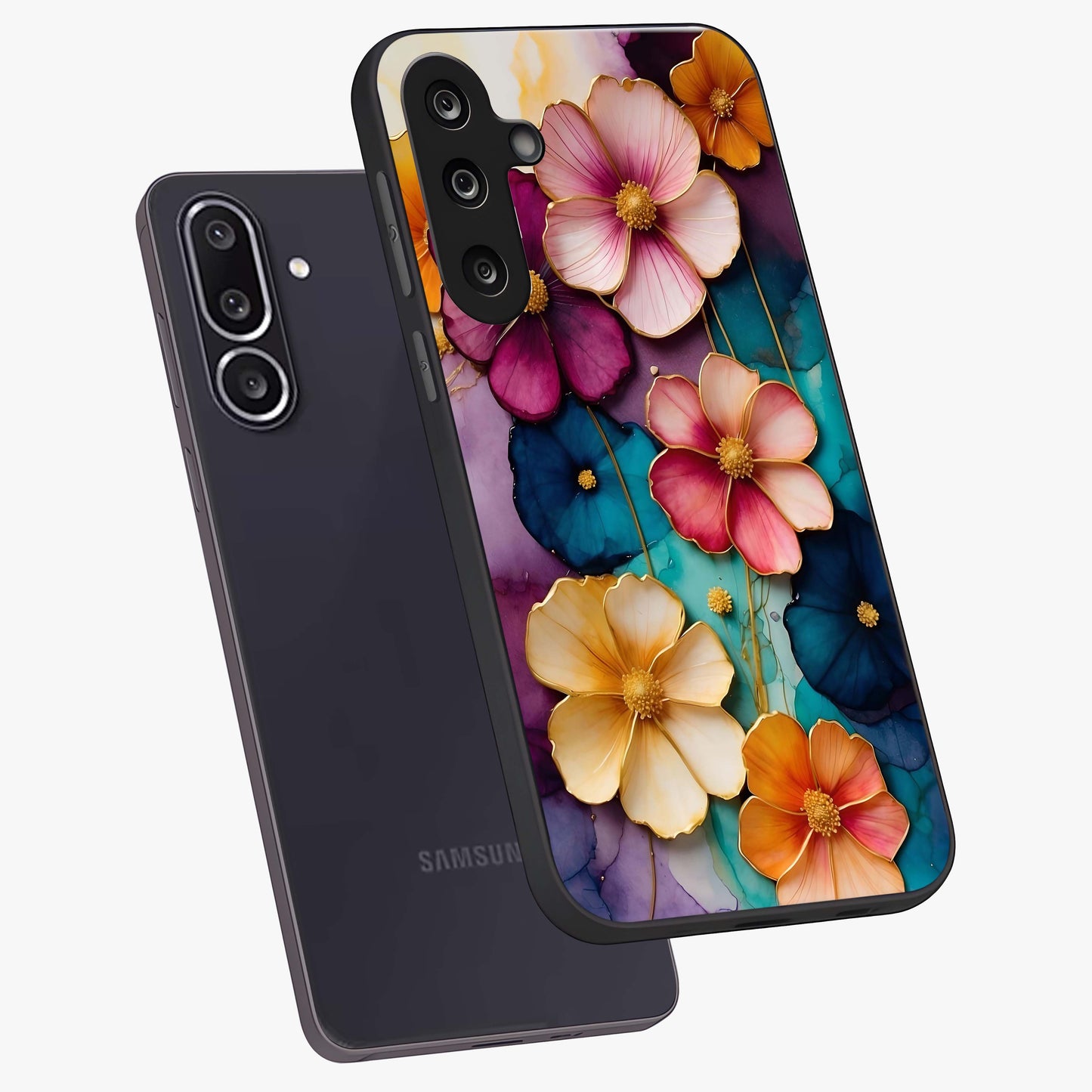 Artlyn Grace Flower Pattern Glass Case displayed in angled mockup highlighting delicate flower pattern design and smooth glass surface.