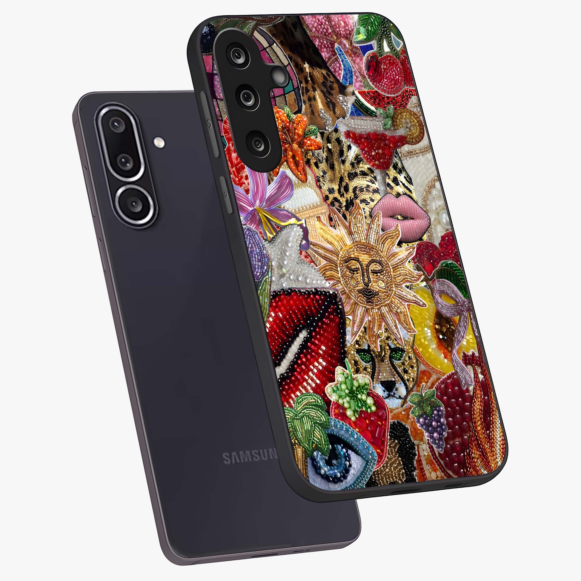 Beaded Fashion Jungle Glass Case displayed in angled mockup highlighting colorful fashion bead design and artistic pattern.