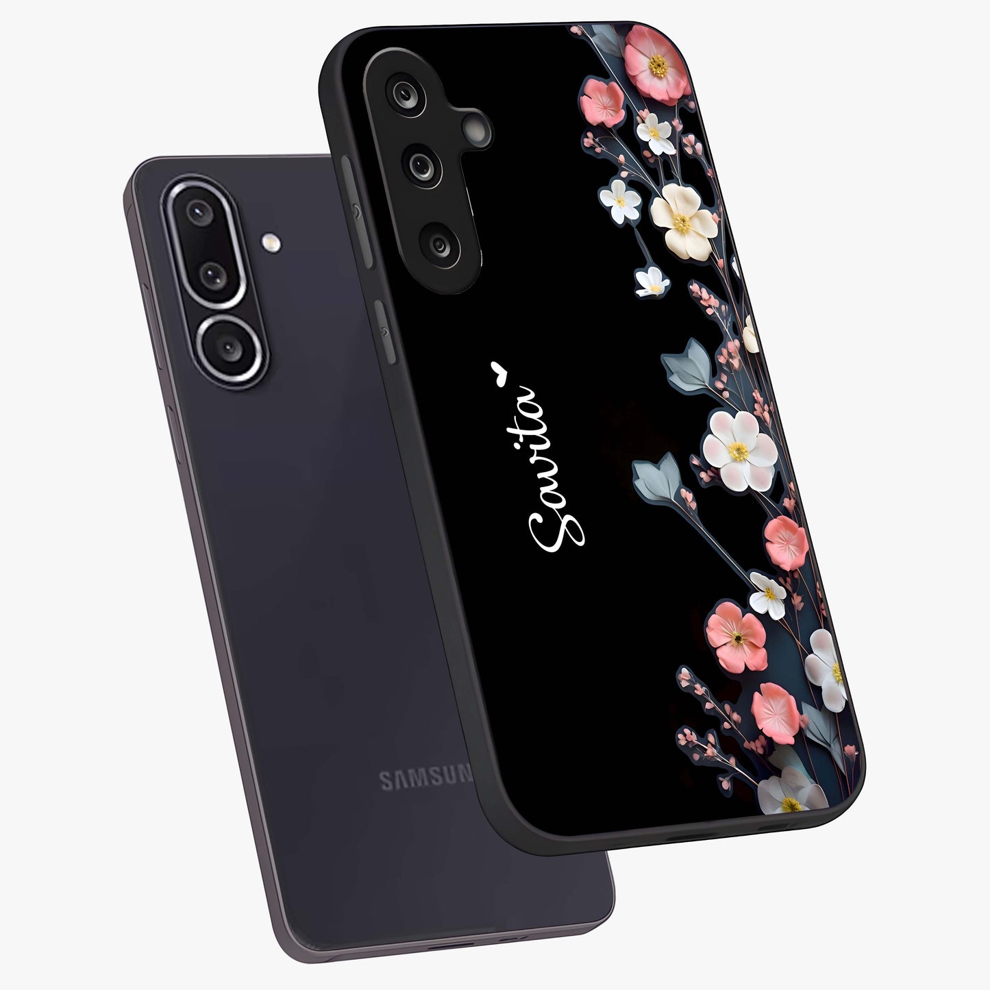 Black Elegance Floral Custom Name Glass Case displayed in angled mockup highlighting dark floral aesthetic and custom name feature.