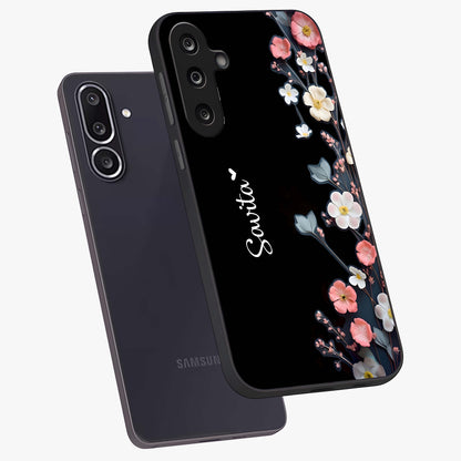 Black Elegance Floral Custom Name Glass Case displayed in angled mockup highlighting dark floral aesthetic and custom name feature.