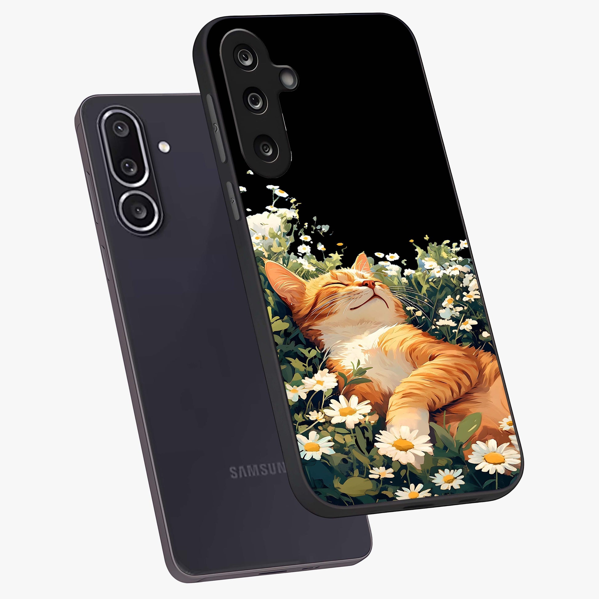 Blissful Bloom Cat Glass Case displayed in angled mockup highlighting playful feline illustration with soft floral aesthetic.