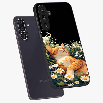 Blissful Bloom Cat Glass Case displayed in angled mockup highlighting playful feline illustration with soft floral aesthetic.