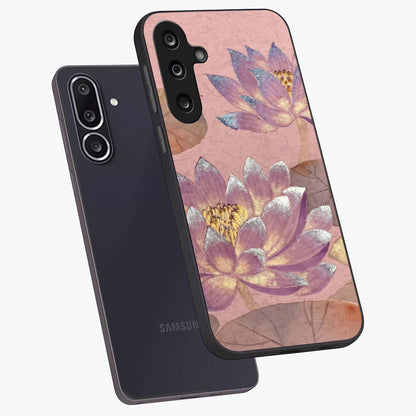Blossom Mist Lotus Glass Case displayed in angled mockup highlighting delicate lotus illustration with calm aesthetic theme.