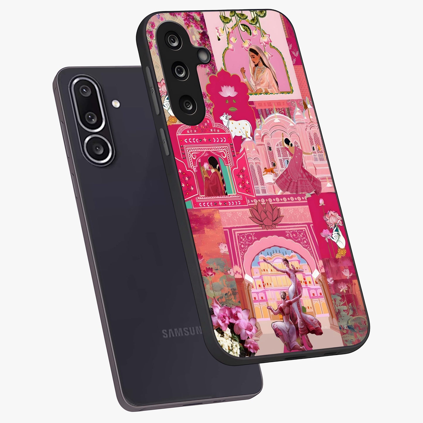 Blossoms of Rajasthan Glass Case displayed in angled mockup highlighting vibrant floral pattern with cultural aesthetic style.