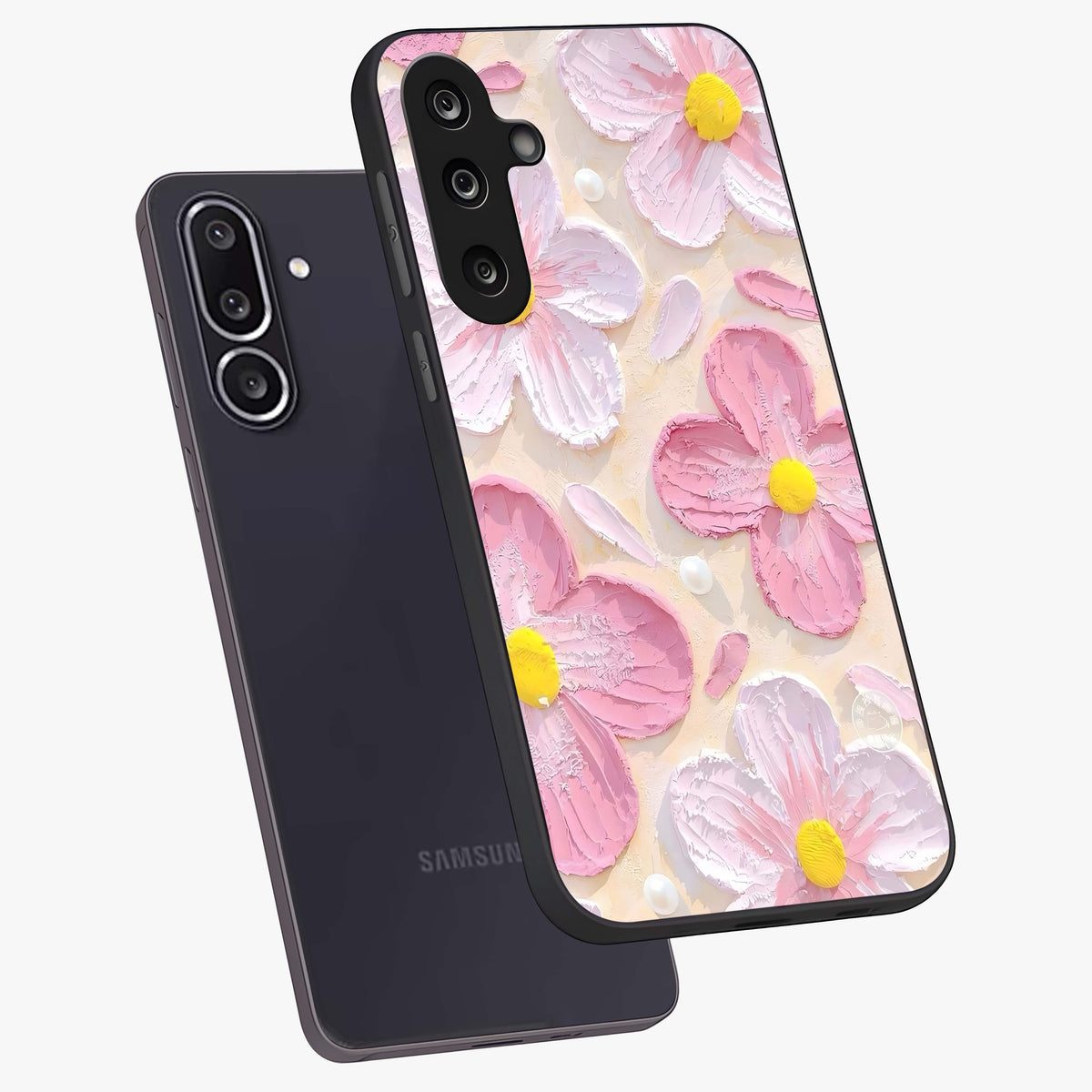 Blush Bloom Texture Glass Case displayed in angled mockup highlighting subtle bloom pattern with aesthetic pastel design.