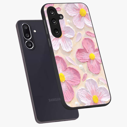 Blush Bloom Texture Glass Case displayed in angled mockup highlighting subtle bloom pattern with aesthetic pastel design.