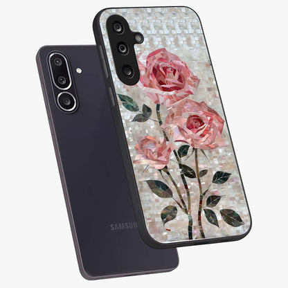 Blush Mosaic Bloom Glass Case displayed in angled mockup highlighting artistic mosaic flower pattern with aesthetic design.