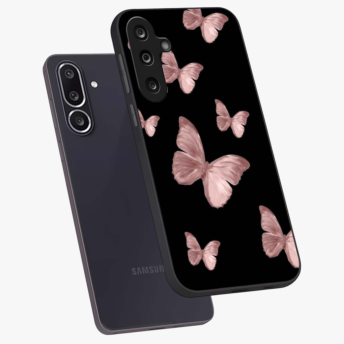 Butterfly Pattern Glass Case displayed in angled mockup highlighting delicate butterfly design and aesthetic pattern style.