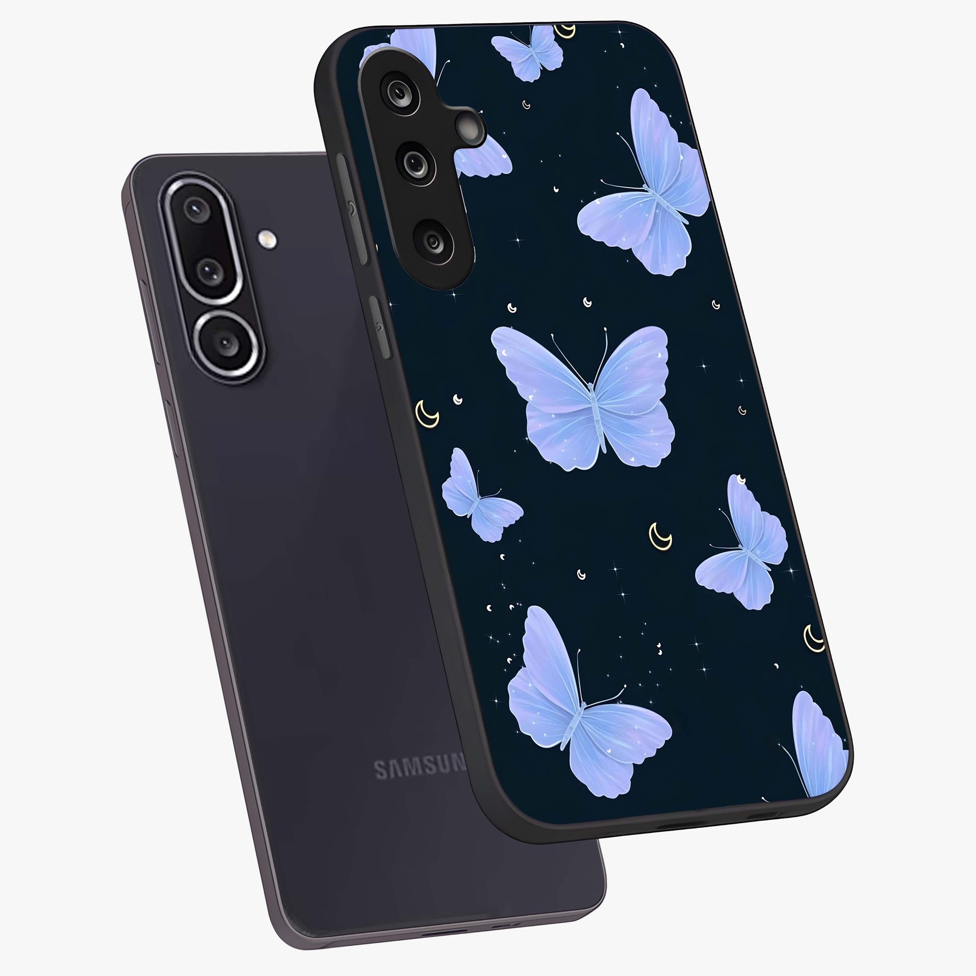 Butterfly With Stars Pattern Glass Case displayed in angled mockup highlighting dreamy butterfly and star design with aesthetic theme.