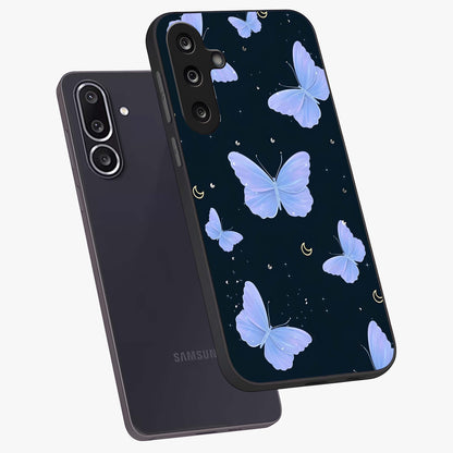 Butterfly With Stars Pattern Glass Case displayed in angled mockup highlighting dreamy butterfly and star design with aesthetic theme.