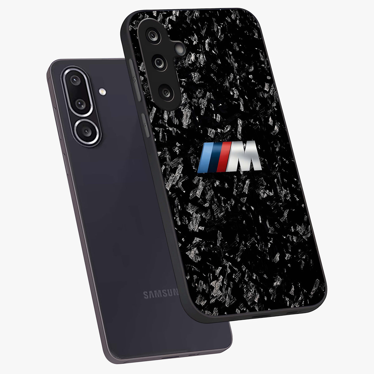 Carbon Speed Mark Glass Case displayed in angled mockup highlighting racing inspired carbon design and sleek aesthetic style.