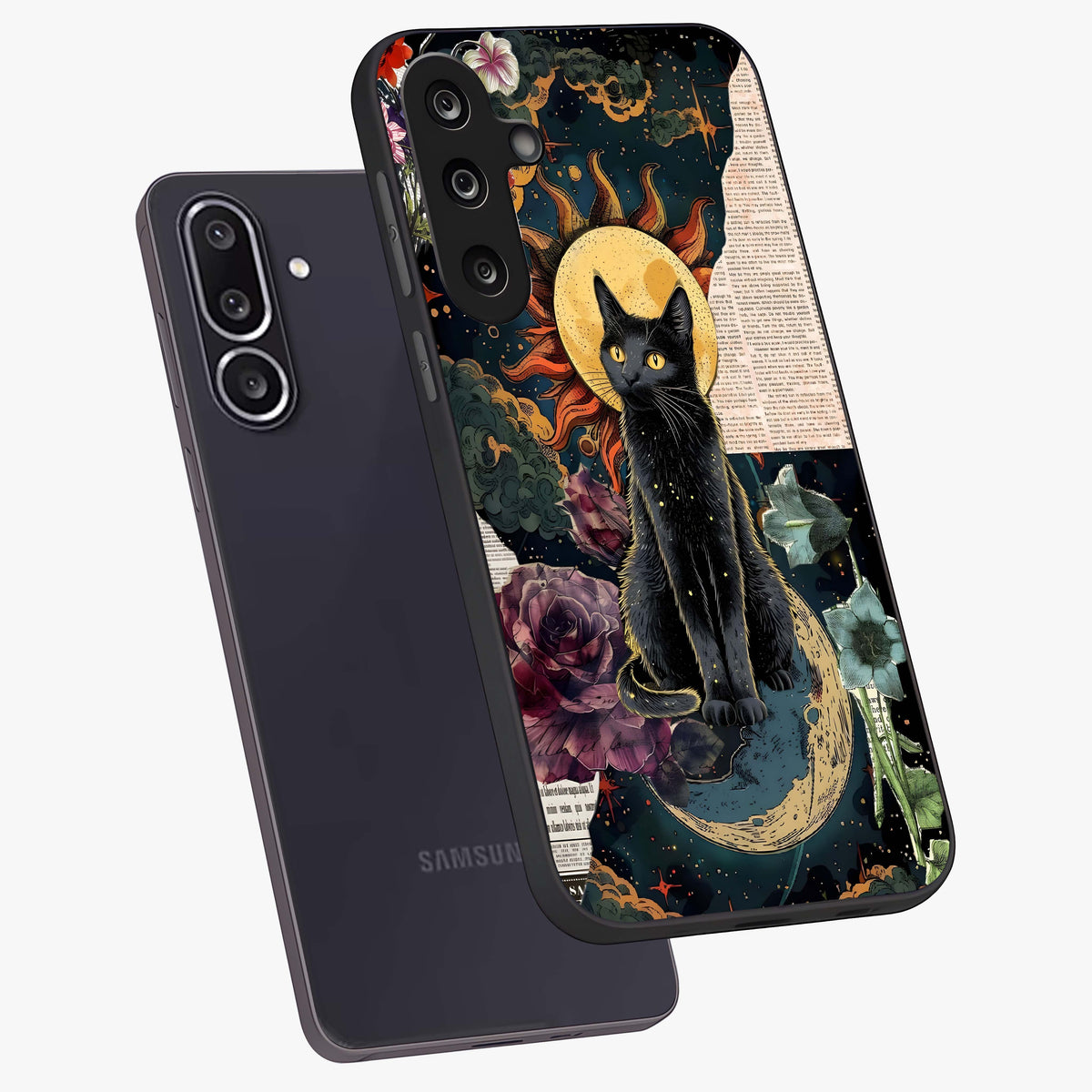 Celestial Black Cat Glass Case displayed in angled mockup highlighting cosmic black cat design with celestial aesthetic.