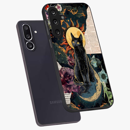 Celestial Black Cat Glass Case displayed in angled mockup highlighting cosmic black cat design with celestial aesthetic.