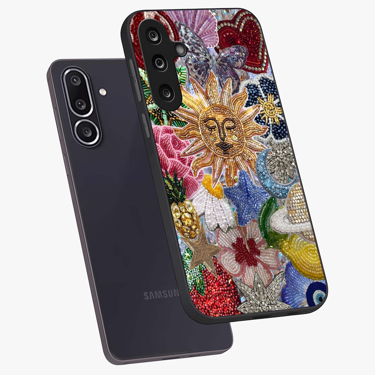 Celestial Floral and Playful Glass Case displayed in angled mockup highlighting playful floral design with dreamy celestial elements.