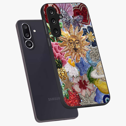 Celestial Floral and Playful Glass Case displayed in angled mockup highlighting playful floral design with dreamy celestial elements.