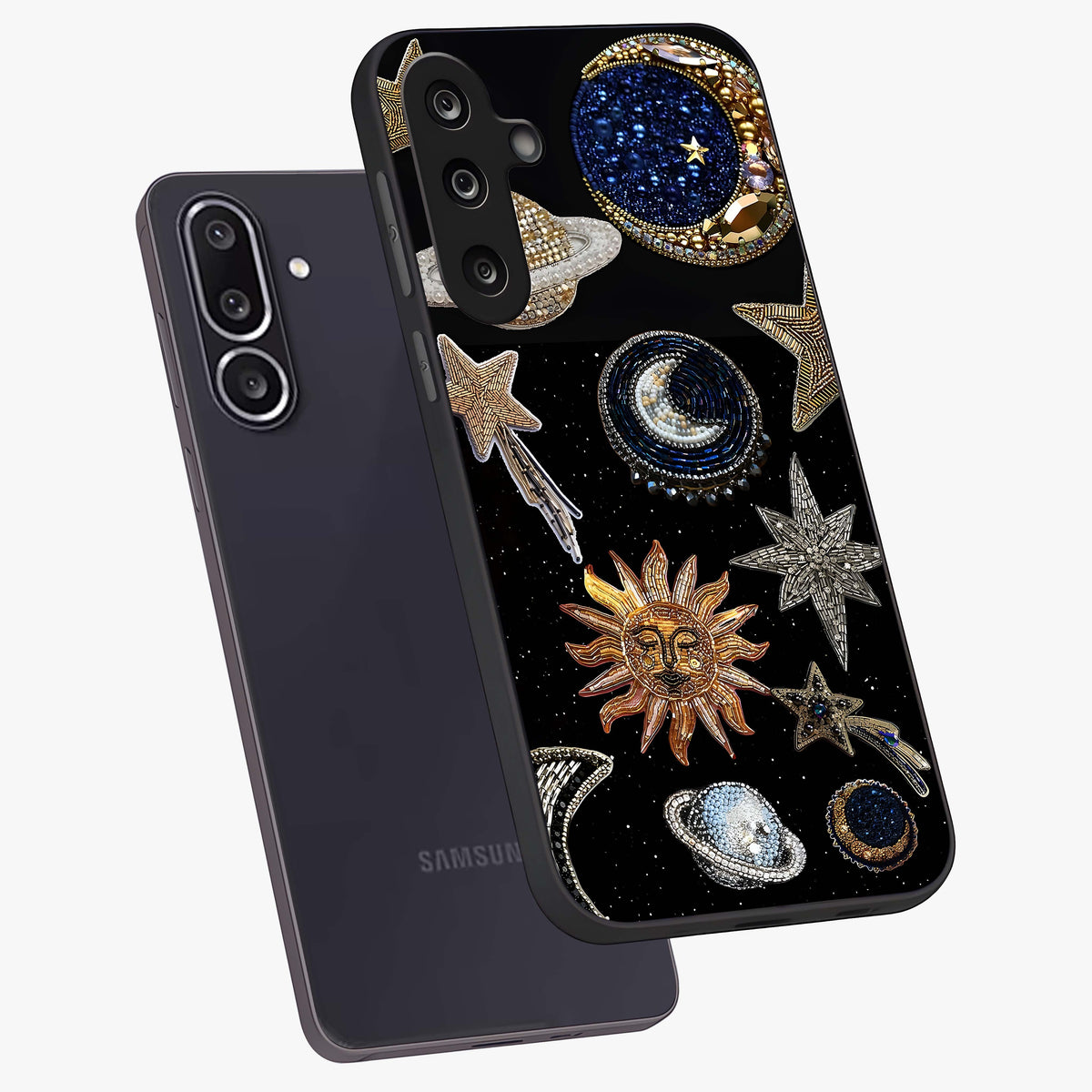 Celestial Gem Constellations Glass Case displayed in angled mockup highlighting gemstone inspired constellation design.