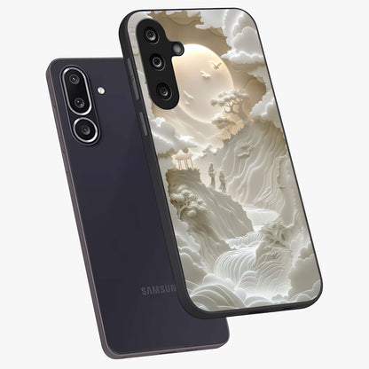 Celestial Origami Glass Case displayed in angled mockup highlighting geometric origami design with cosmic aesthetic theme.