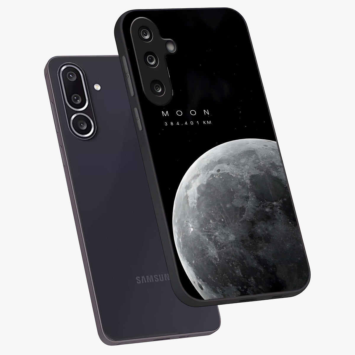 Cosmic Moon Glow Glass Case displayed in angled mockup highlighting celestial moon design with cosmic aesthetic theme.