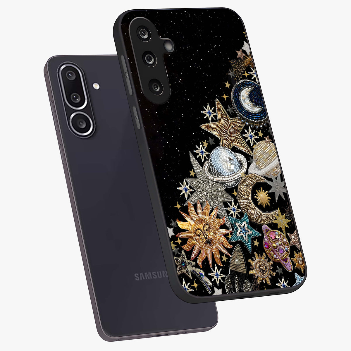 Cosmic Sparkle Dreams Glass Case displayed in angled mockup highlighting dreamy star sparkle design with celestial aesthetic.