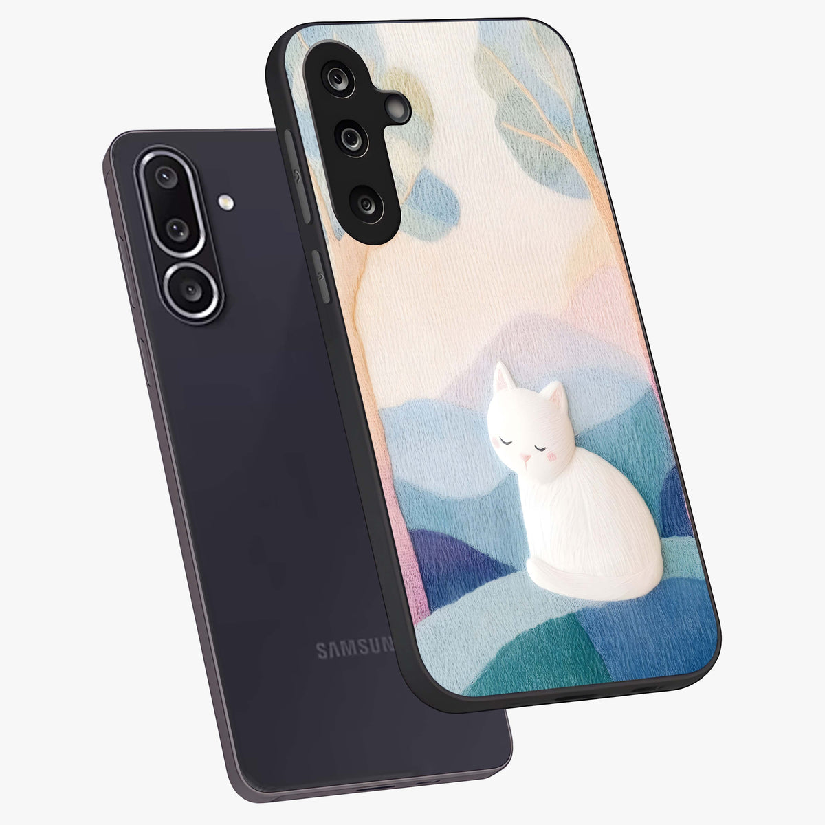Cotton Dream Cat Glass Case displayed in angled mockup highlighting cute feline illustration with pastel aesthetic style.