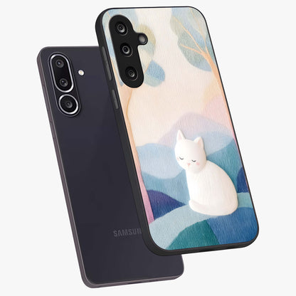 Cotton Dream Cat Glass Case displayed in angled mockup highlighting cute feline illustration with pastel aesthetic style.