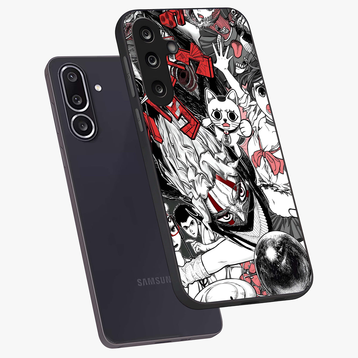Crimson Chaos Panel Glass Case displayed in angled mockup highlighting chaotic panel style design with modern graphic theme.