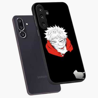 Crimson Chaos Smile Glass Case displayed in angled mockup highlighting edgy crimson smile design with graphic aesthetic.
