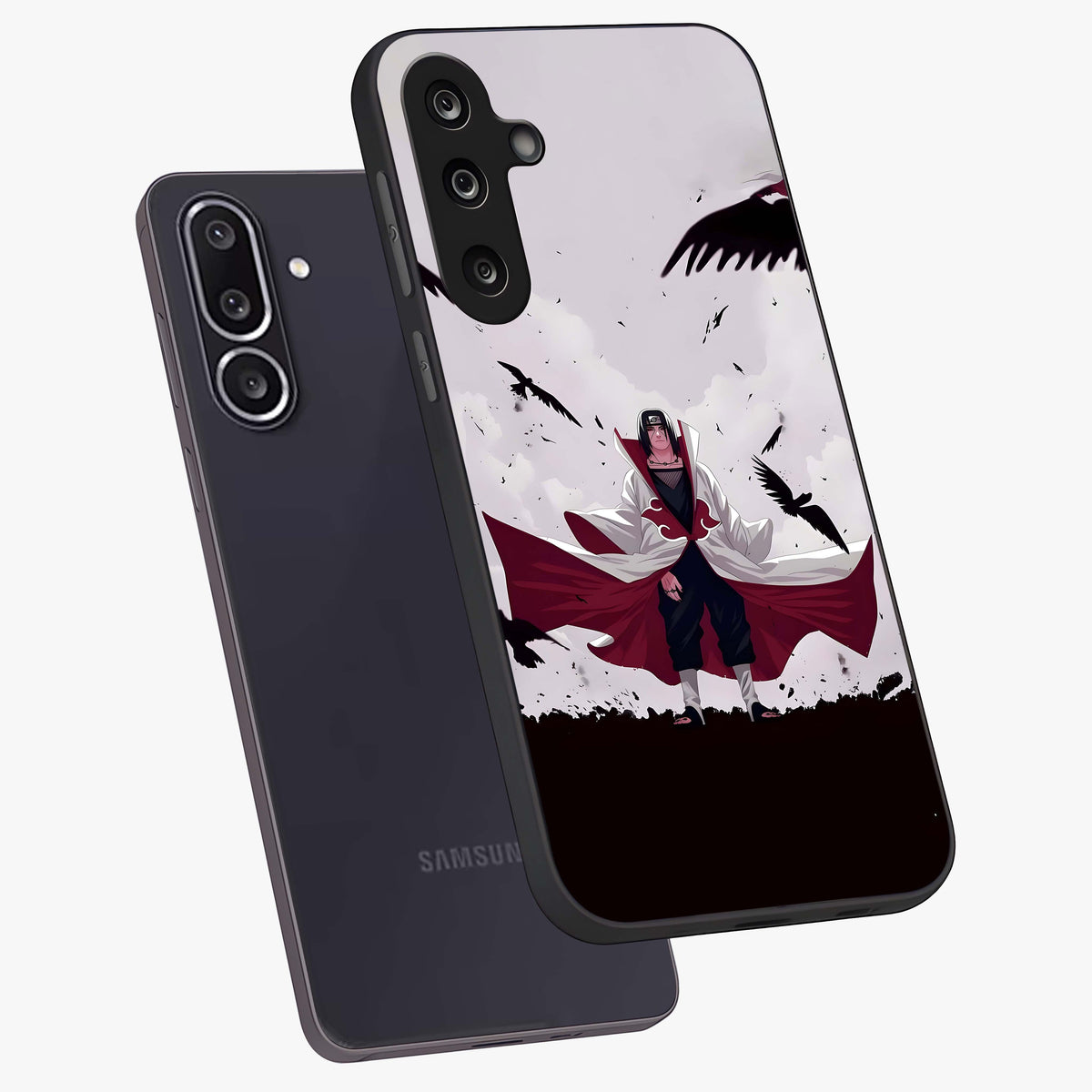 Crimson Crow Ascension Glass Case displayed in angled mockup highlighting powerful crow illustration with dark crimson aesthetic.