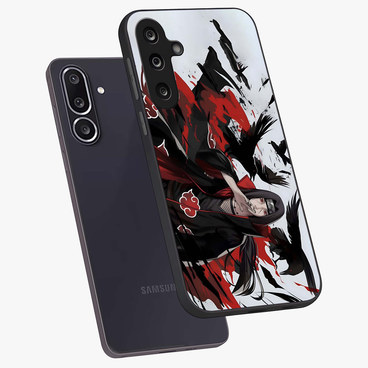 Crimson Crow Illusion Glass Case displayed in angled mockup highlighting mysterious crow graphic with dark aesthetic style.