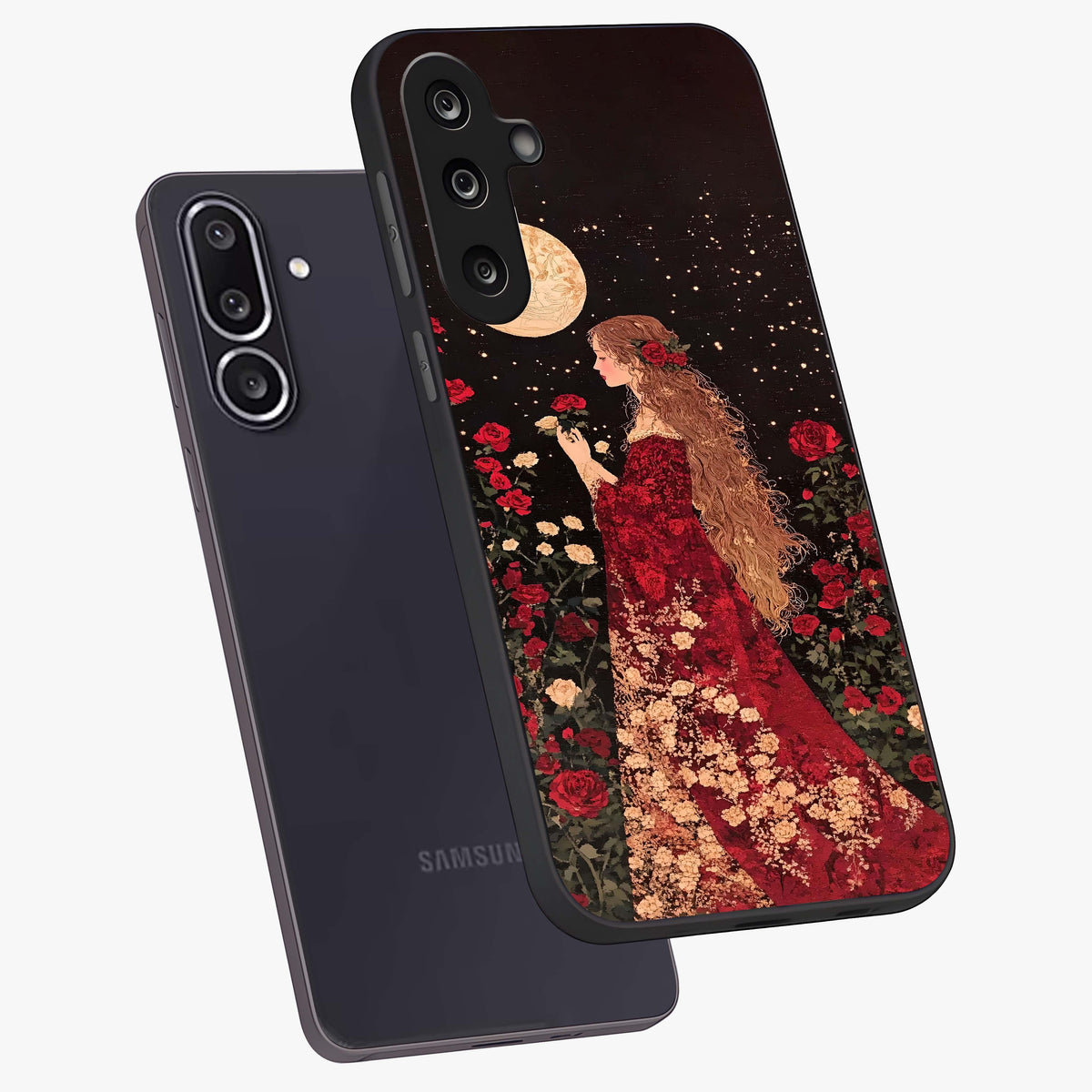Crimson Dreams Glass Case displayed in angled mockup highlighting soft crimson aesthetic design with artistic theme.