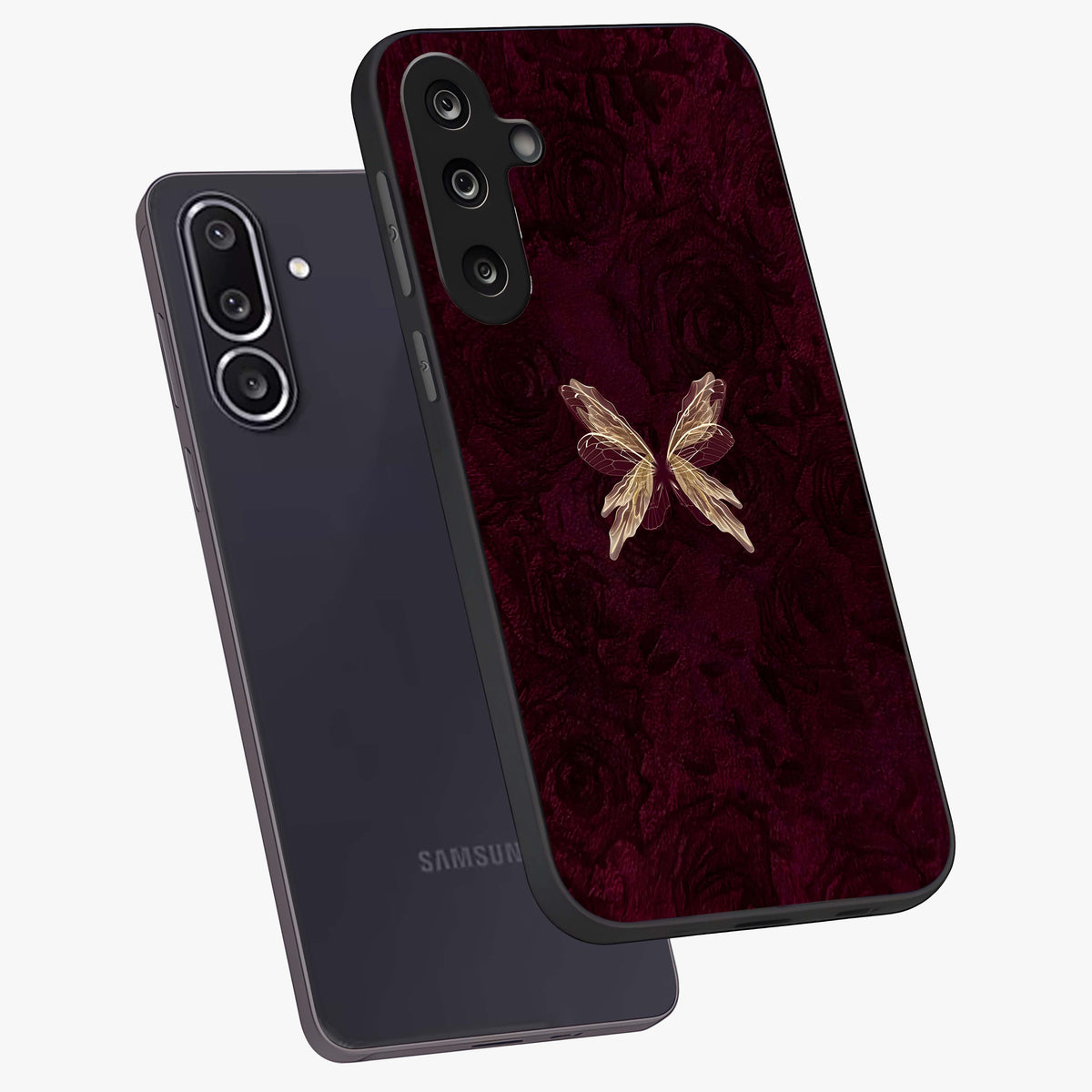 Crimson Fade Butterfly Glass Case displayed in angled mockup highlighting elegant butterfly design with crimson gradient aesthetic.