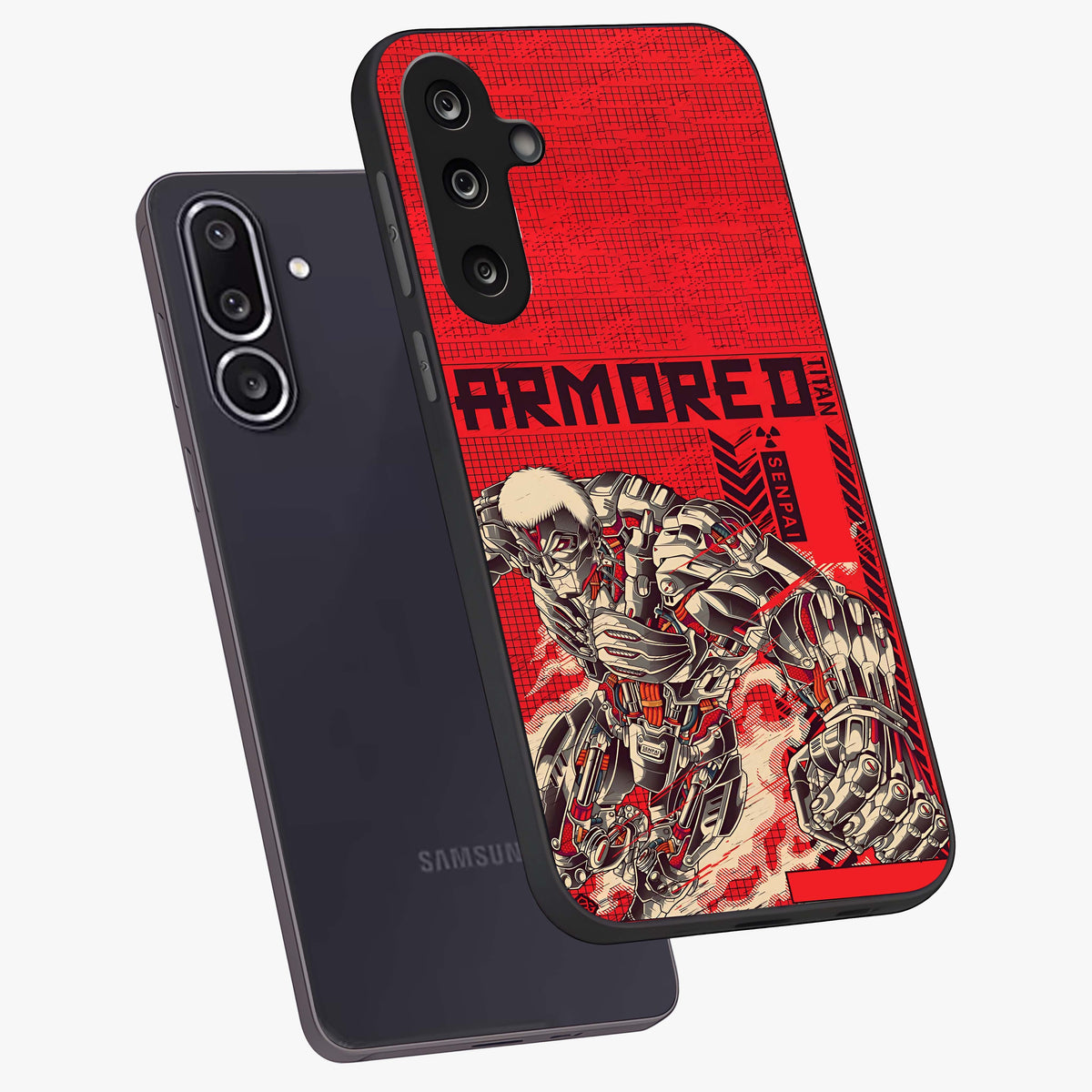 Crimson Mecha Titan Glass Case displayed in angled mockup highlighting futuristic mech illustration with bold crimson aesthetic.