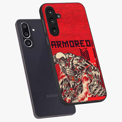 Crimson Mecha Titan Glass Case displayed in angled mockup highlighting futuristic mech illustration with bold crimson aesthetic.