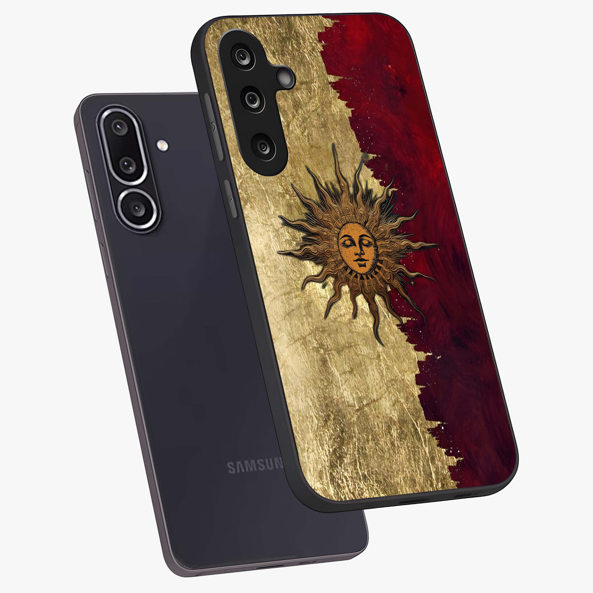 Crimson Sun Majesty Glass Case displayed in angled mockup highlighting majestic crimson sun design with bold aesthetic style.