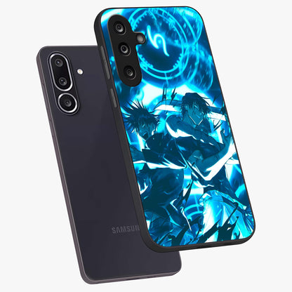 Cursed Energy Clash Glass Case displayed in angled mockup highlighting powerful battle inspired graphic with anime style aesthetic.