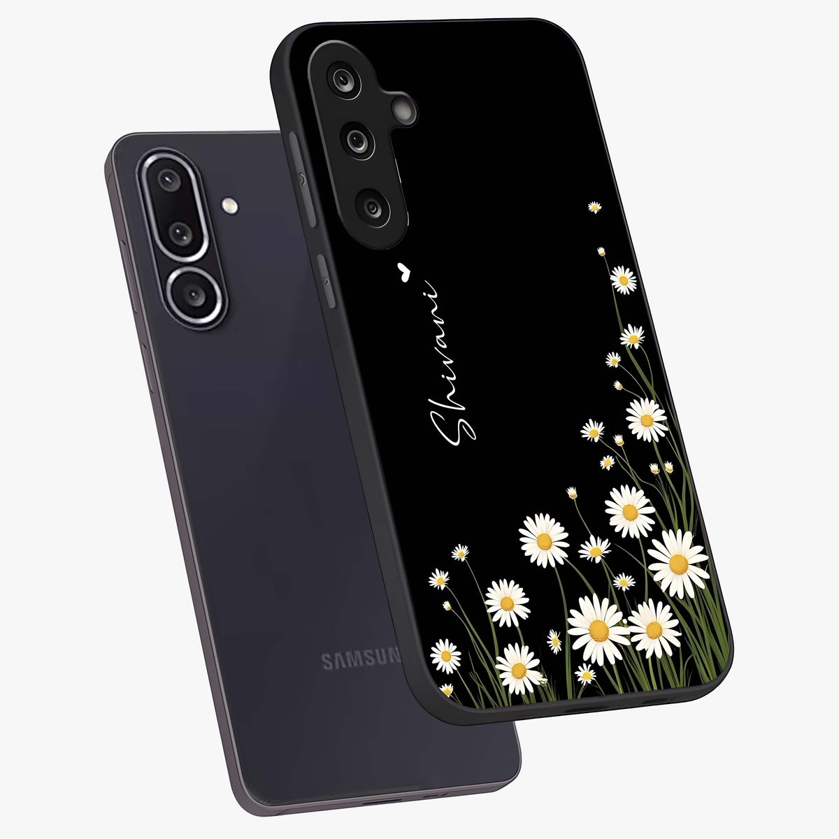 Daisy Cascade Custom Name Glass Case displayed in angled mockup highlighting delicate daisy artwork with custom name feature.