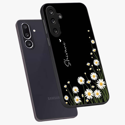 Daisy Cascade Custom Name Glass Case displayed in angled mockup highlighting delicate daisy artwork with custom name feature.