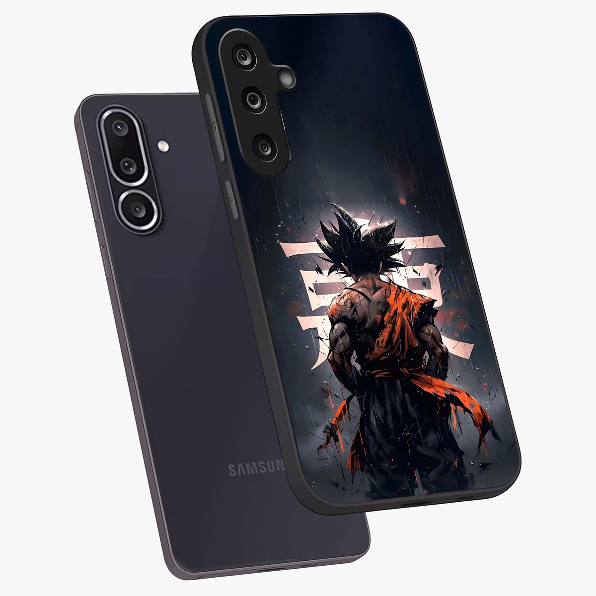 Dark Warrior In Rain Glass Case displayed in angled mockup highlighting dramatic warrior illustration with dark rain aesthetic.