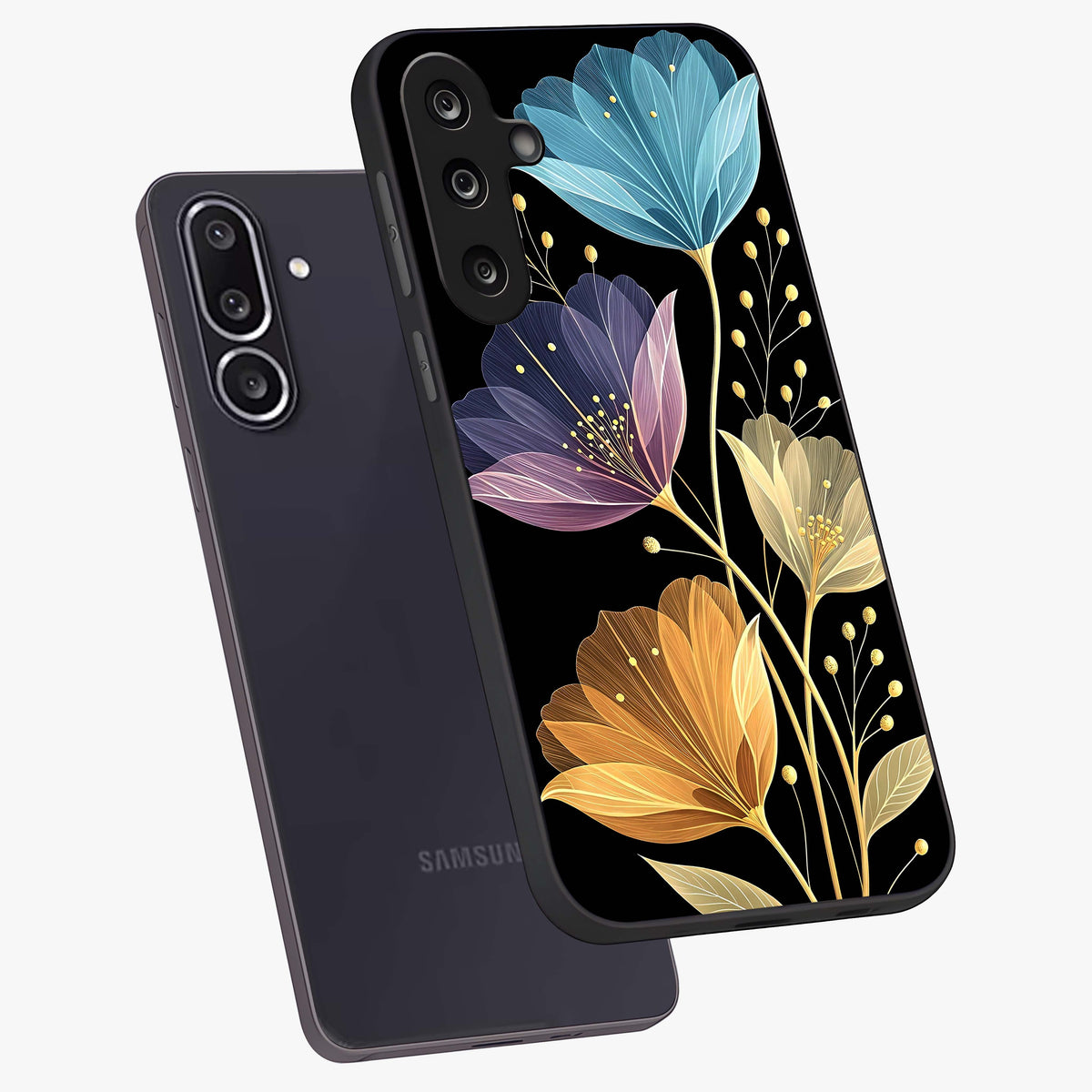 Delicate Multicolor Flowers Glass Case displayed in angled mockup highlighting colorful flower pattern with soft aesthetic style.