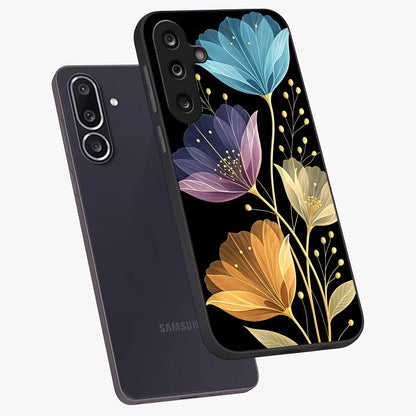 Delicate Multicolor Flowers Glass Case displayed in angled mockup highlighting colorful flower pattern with soft aesthetic style.