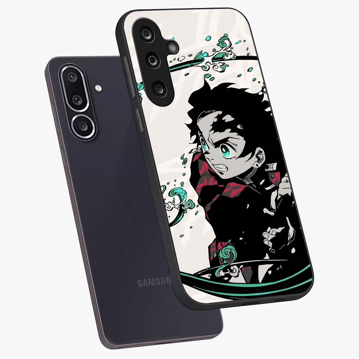 Demon Slayer Glass Case displayed in angled mockup highlighting dramatic anime character design with action aesthetic.
