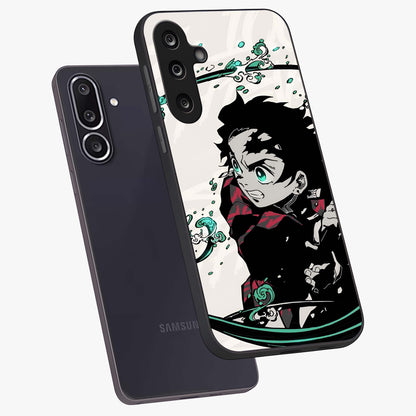 Demon Slayer Glass Case displayed in angled mockup highlighting dramatic anime character design with action aesthetic.