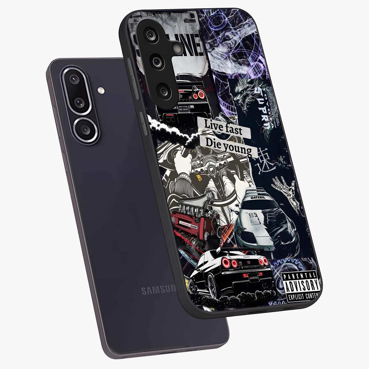 Die Young Glass Case displayed in angled mockup highlighting expressive graphic artwork with edgy aesthetic style.